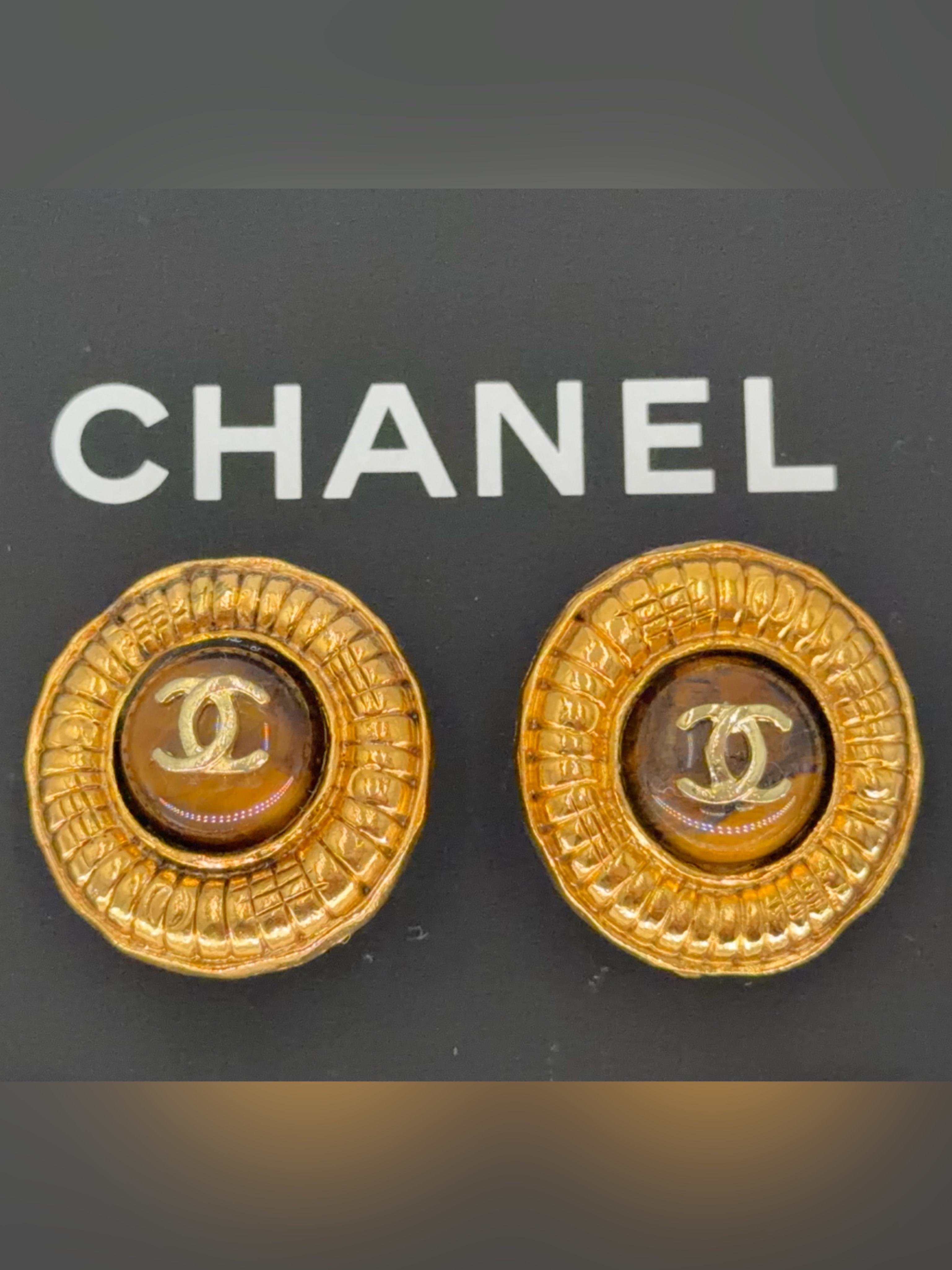 Chanel Vintage Gold Cc Clip On Tigers Eye Earrings W/Authentic Detective Coa